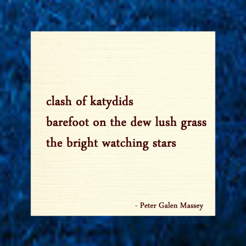 haiku poem 5-7-5: clash of katydids barefoot on the dew lush grass the bright watching stars