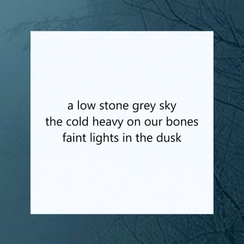 haiku poem about winter 5-7-5: a low stone grey sky the cold heavy on our bones faint lights in the dusk
