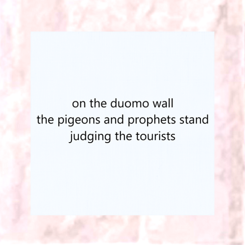 haiku poem about italy 5-7-5: on the duomo wall the pigeons and prophets stand judging the tourists. by Peter Galen Massey